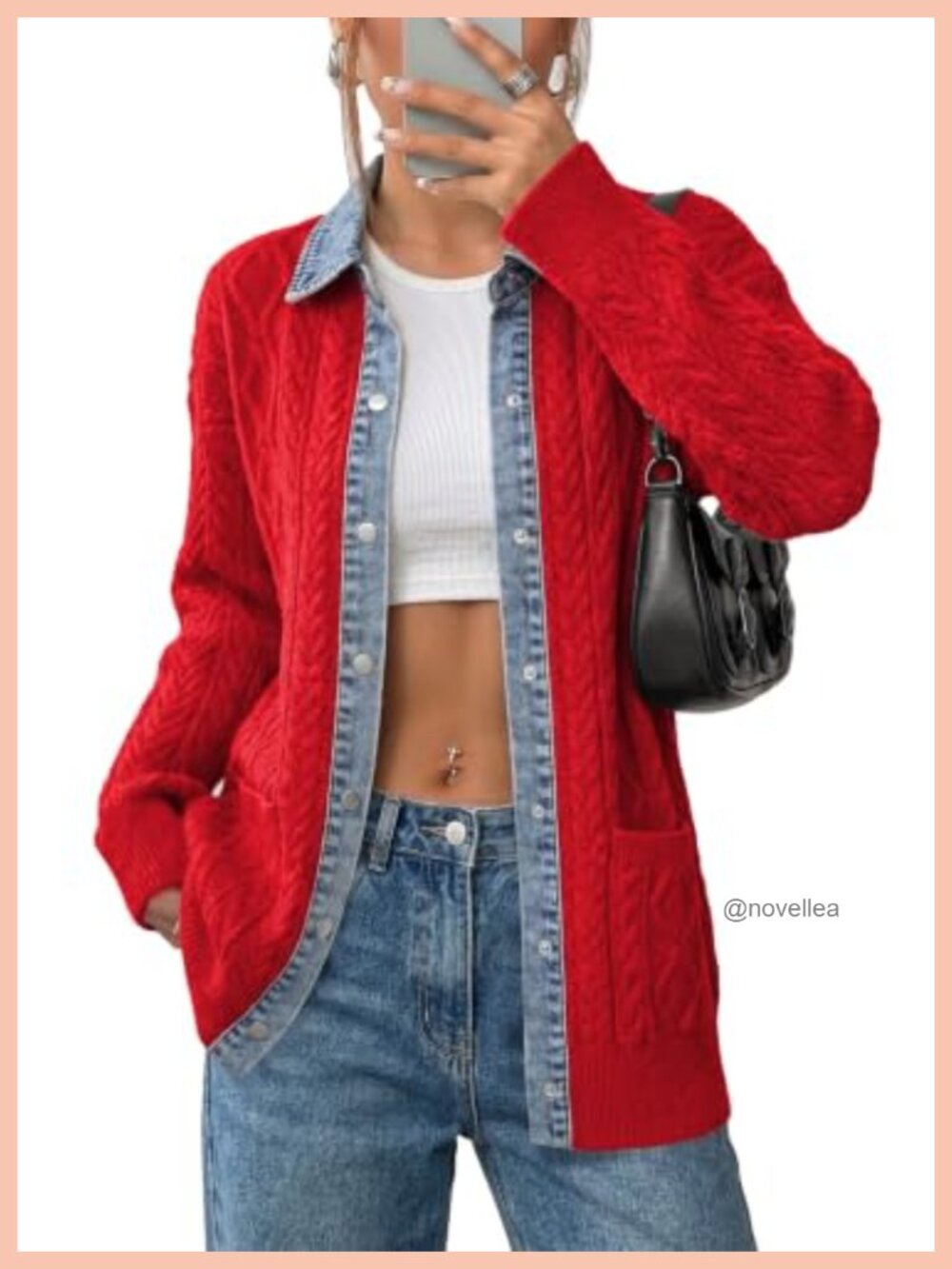 Womens Cable Knit Denim Collar Button Front Cardigan Sweater with Pockets
